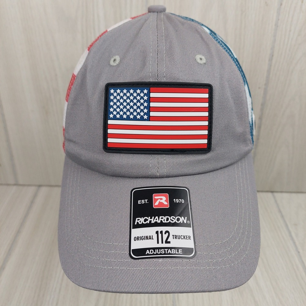 Richardson Original‎ 112 Trucker Hat Gray American Flag Patch Mesh Snapback